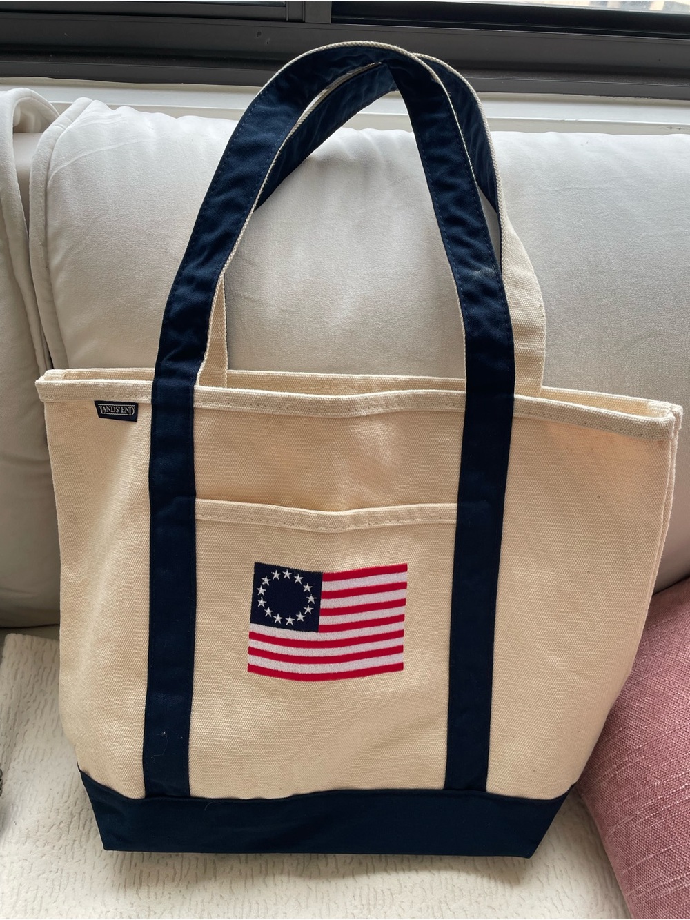 Lands End Vintage Flag Canvas Tote Bag with Navy Trim